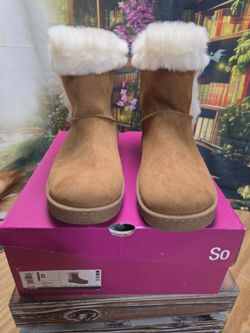 Womens Boots Slip On Sz 8 Paulina SO Kohls Chestnut/Tan Faux Fur Lined With Box